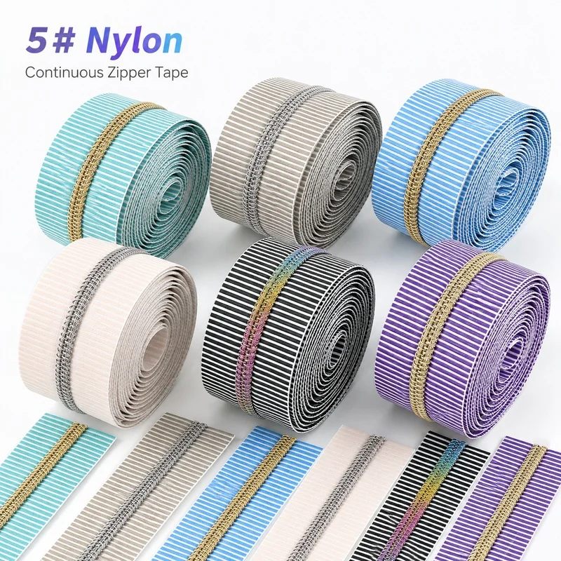 5M/10M/20M 5# Nylon Continuous Zipper Tape Striped Decorative Zip for Bags Pouches Cosmetic Cases Cut to Length Apparel Repair