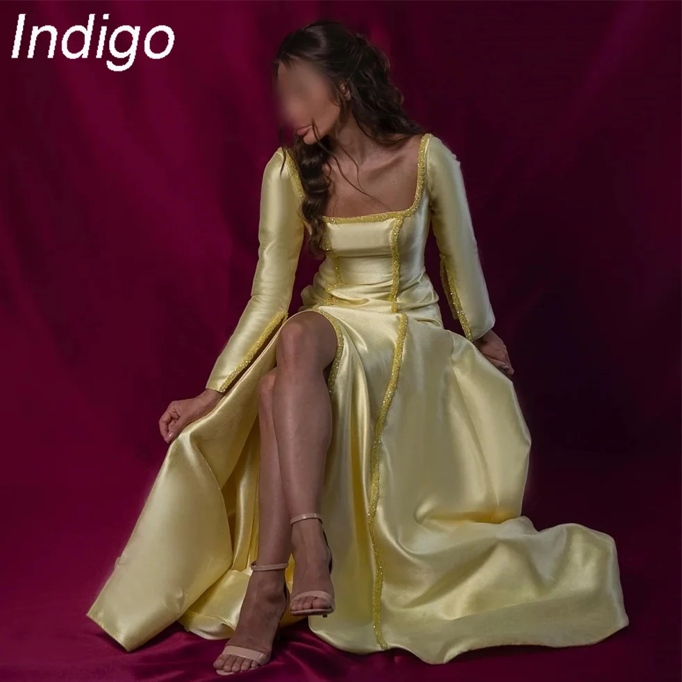 Vestido Indigo-A-line de lantejoulas, Vestido com comprimento até o chão, Manga Longa, Fenda, Elegante, Sexy, Sem costas, Formal, Colarinho Quadrado, 2024