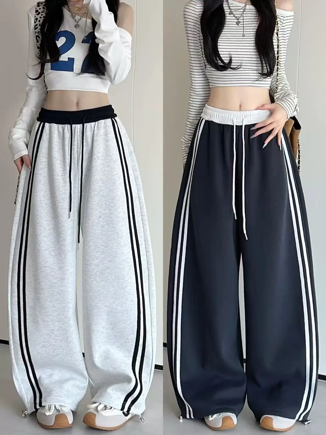 2025 New White Gray Sports Pants for Women's Autumn High Waisted Loose Wide Leg Pants, American Retro Striped Casual Pants