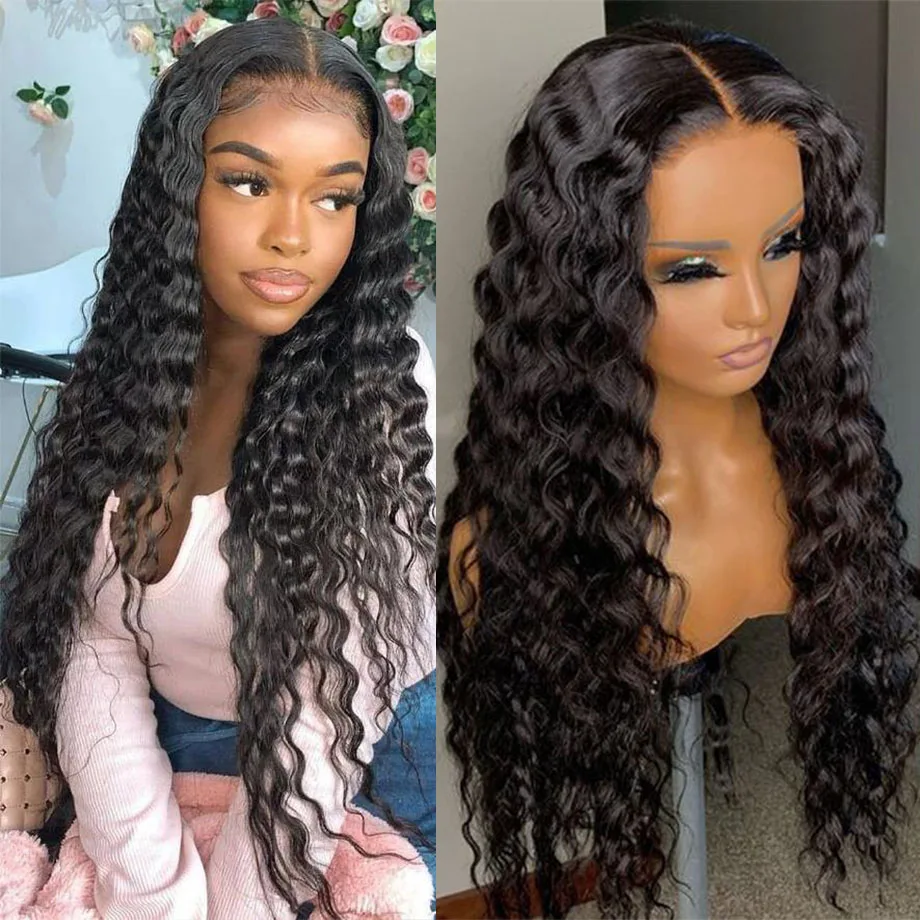 Deep Wave Frontal Wig 13x4 Transparent Lace Frontal Wig PrePlucked 28 30 Inch Deep Curly Lace Front Human Hair Wigs For Women