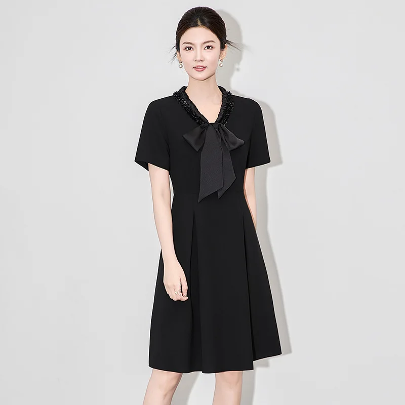 

2504707 -Nanyou High-Quality Heavy Socialite Temperament Ribbon RuffleVSequin Dress Women Summer New Style