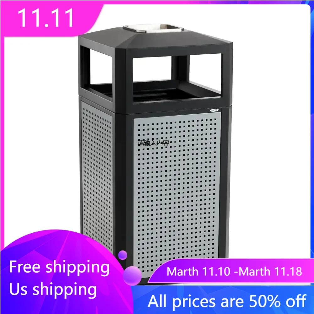 Steel Garbage Can for Indoor and Outdoor Use, Trash Receptacle with Plastic Liner & Ashtray, 38 Gallons