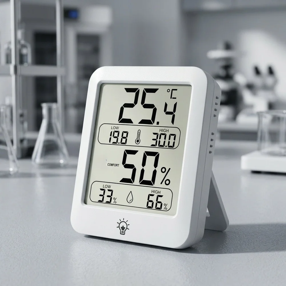 Indoor Temperature and Humidity Sensor with HD LCD Display and Touch-Activated Backlight for Enhanced Usability