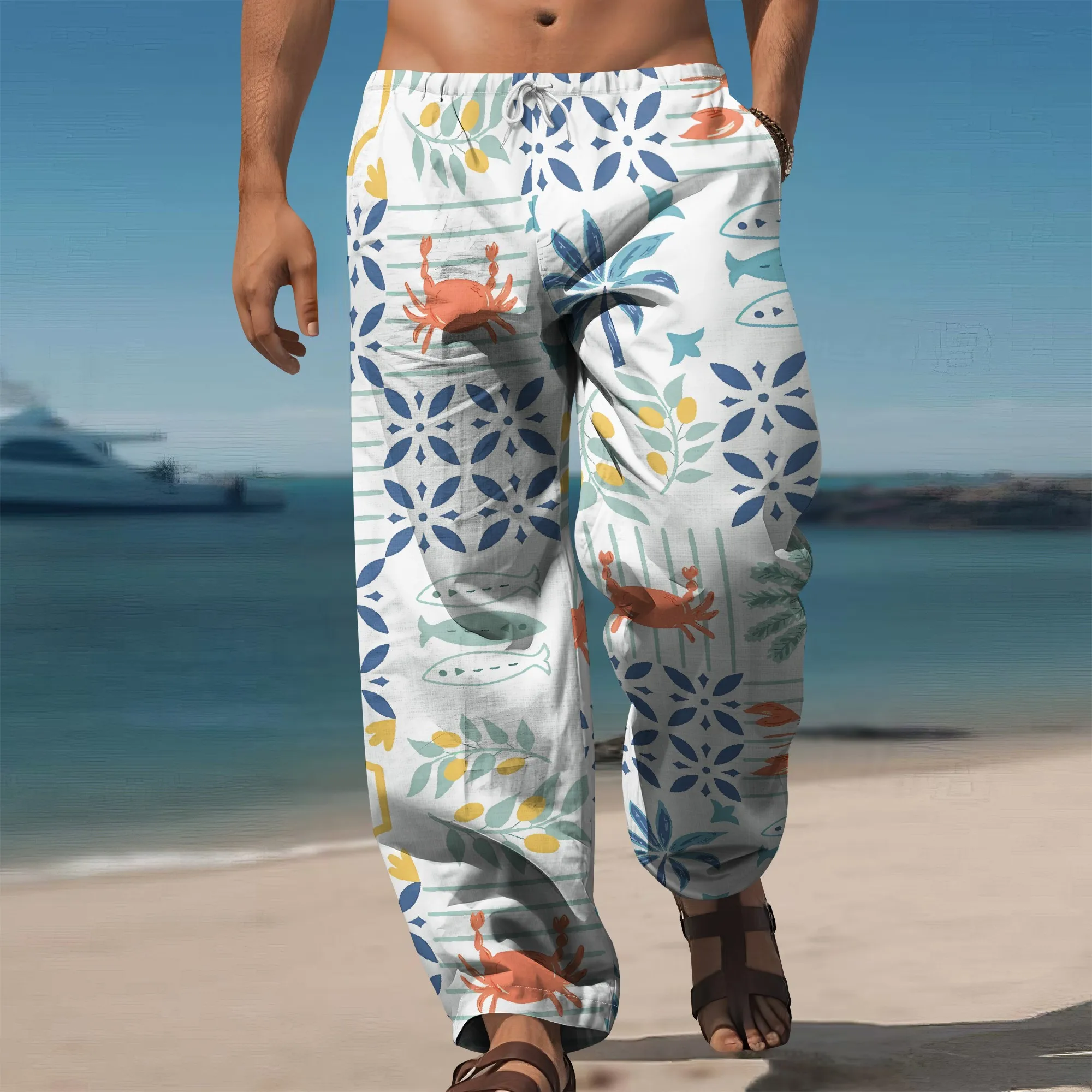 

YEAE Blue Green Geometric Weave Pattern Pants for Men Summer Casual Loose Drawstring Trousers