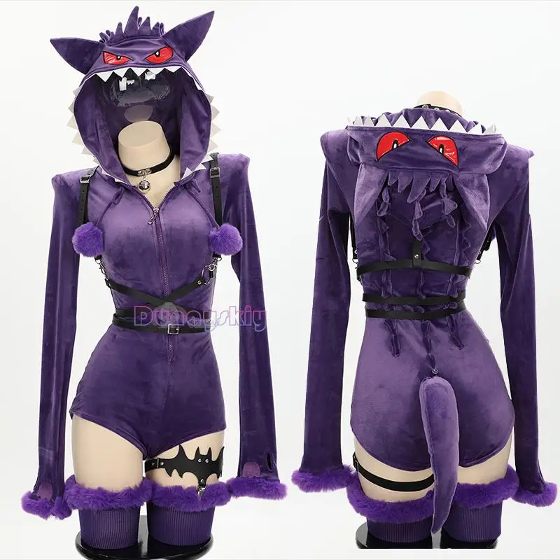 

Women Purple Ghost Cosplay Costume Halloween Purple Sexy Romper Bodysuit Plush Hooded and Socks with Belt and Tail