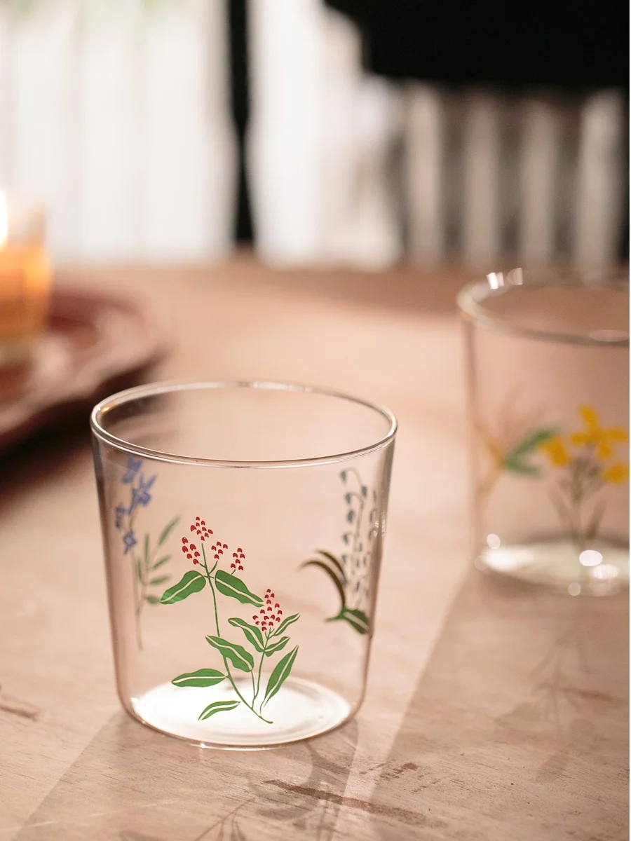 

High Borosilie Glass Cup Vintage Floral Design Water Coffee Beverage Drinking Glass round ape Single Layer with Handle