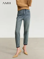 AMII-Jeans minimalistas femininos, jeans grosso, calças na altura do tornozelo, pé estreito, mais velo, calça casual nova, 12324105, inverno, 2023