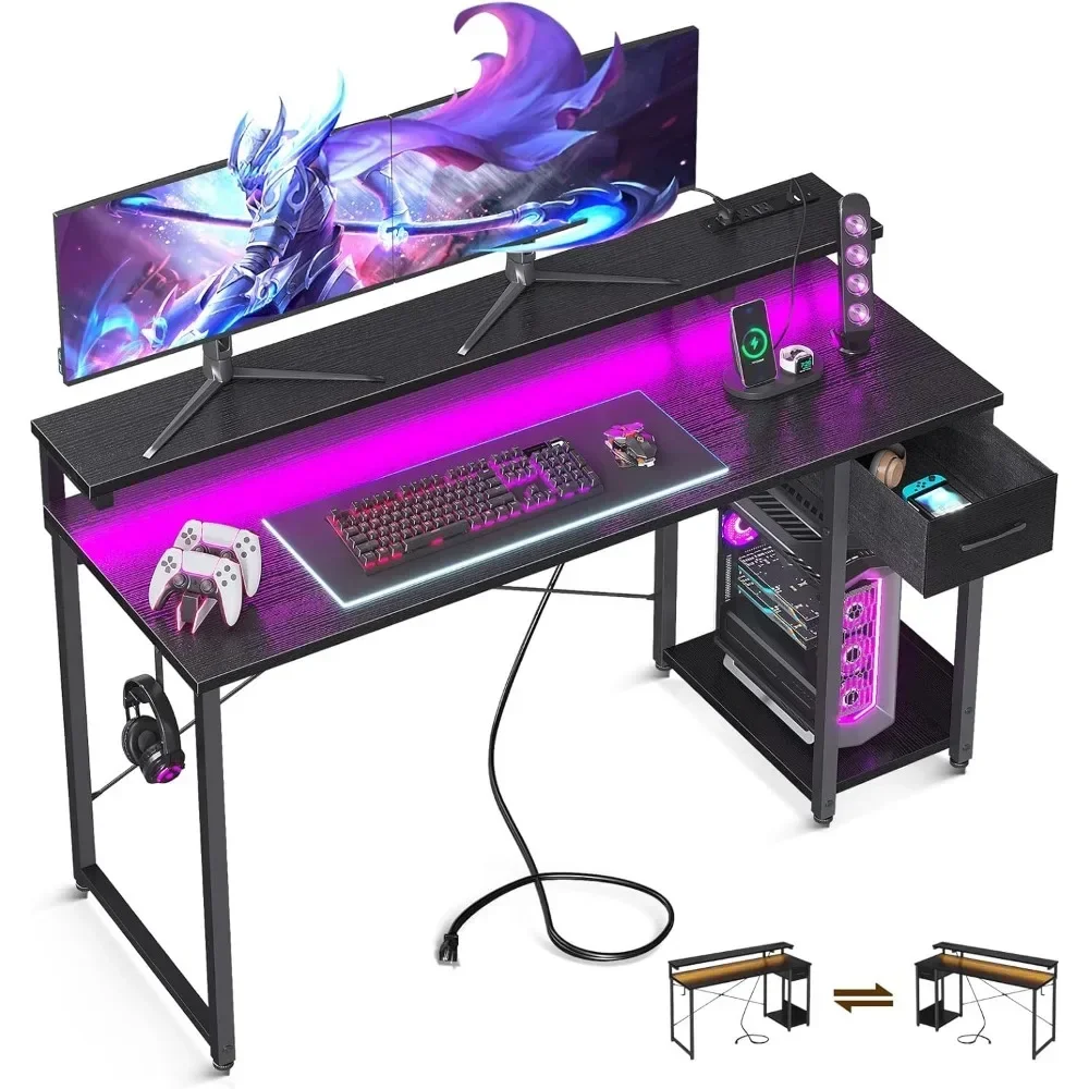 

Game table with LED lights and power outlet, 55 inch computer table with drawers, double-sided table with headphone hooks, black