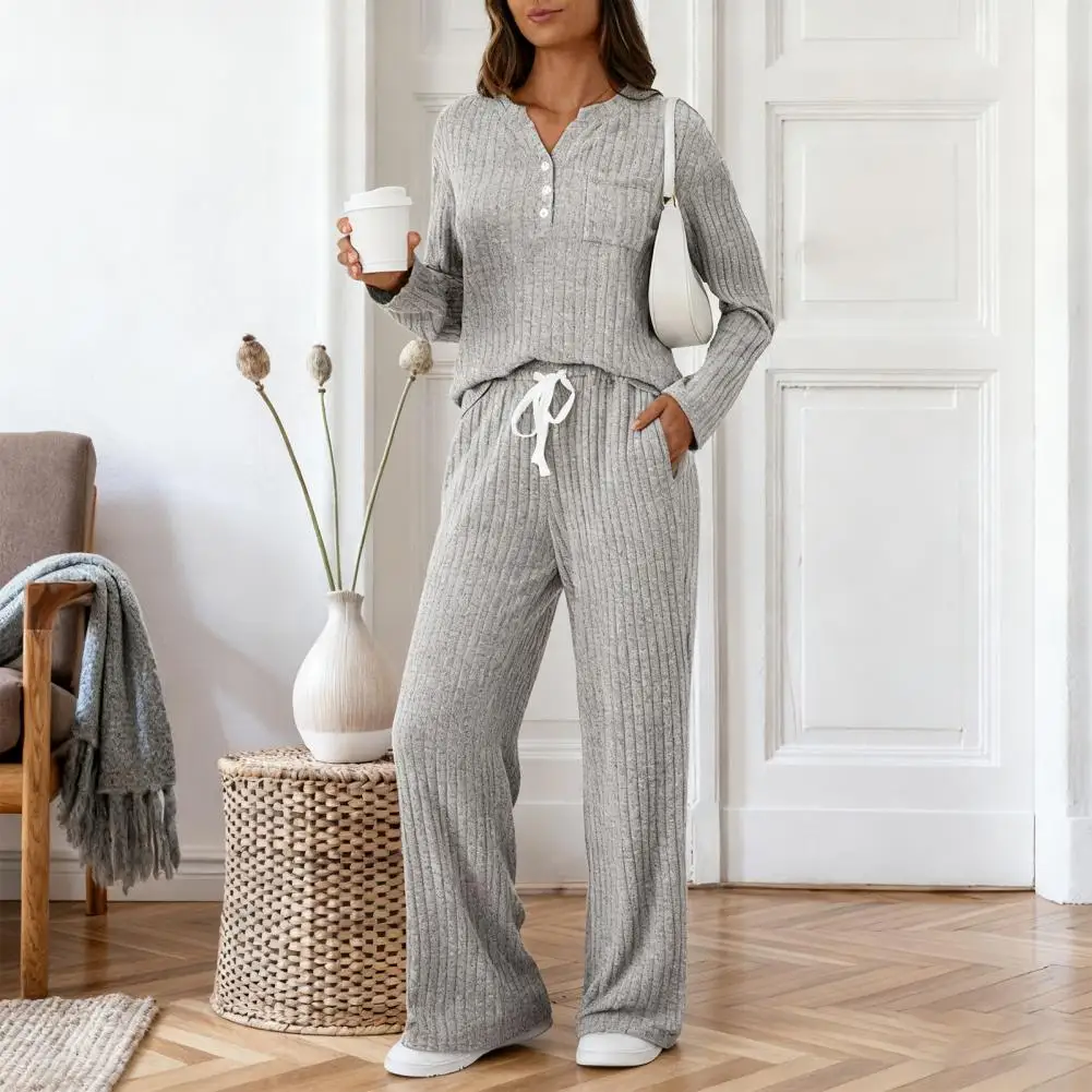 

Осенне-зимний комплект из двух предметов: новый женский повседневный костюм с V-образным вырезом, свободный топ с длинным рукавом + брюки с широкими штанинами, домашняя одежда, комплект для сна