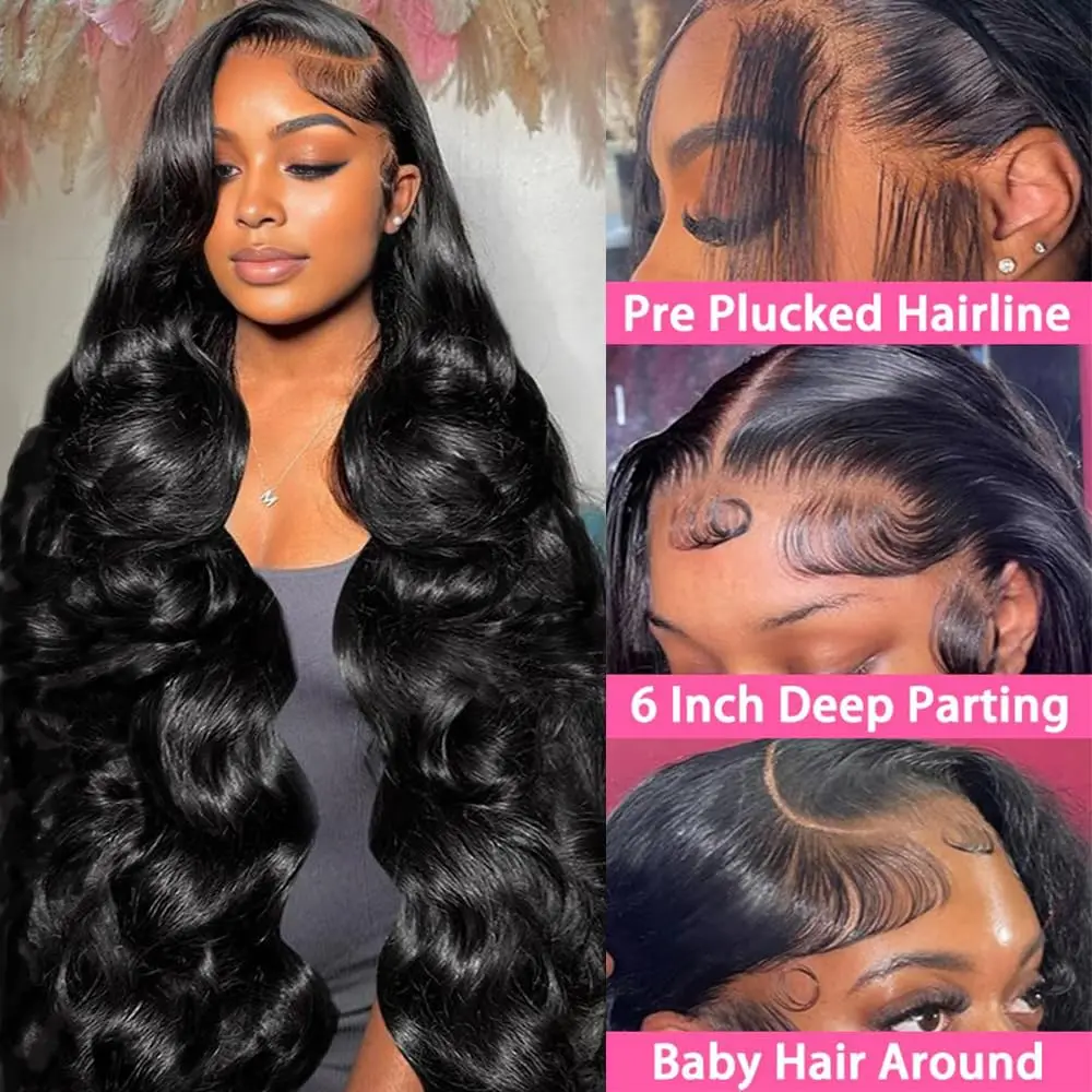 Perruque Lace Front Wig Body Wave Naturelle Sans Colle, Cheveux Humains, 13x6, 30 Pouces, Densité 180%, Pre-Plucked, HD, pour Femme