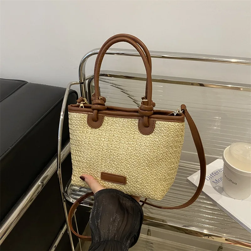 

women's beach straw woven shoulder bag, retro design women's portable crossbody bag, tied basket woven tote handbag
