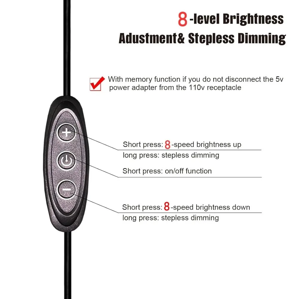 Durable 5V 2A USB Dimmer Switches 8-Level Dimming 3 Key Control LED Light Dimming DIY Dimmer Switches Power Cable