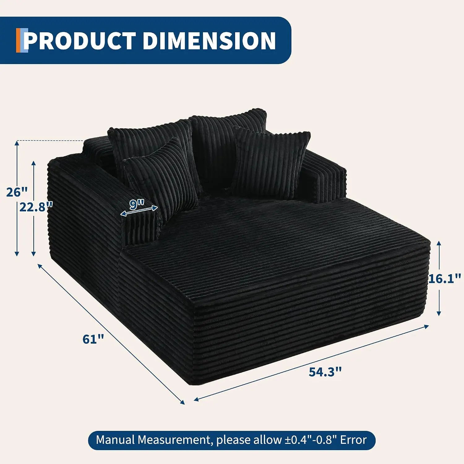 Corduroy Chaise Lounge Indoor Sleeper Sofa with Soft Padding & Wide Armrests No Assembly Couch for Living Room, Customized