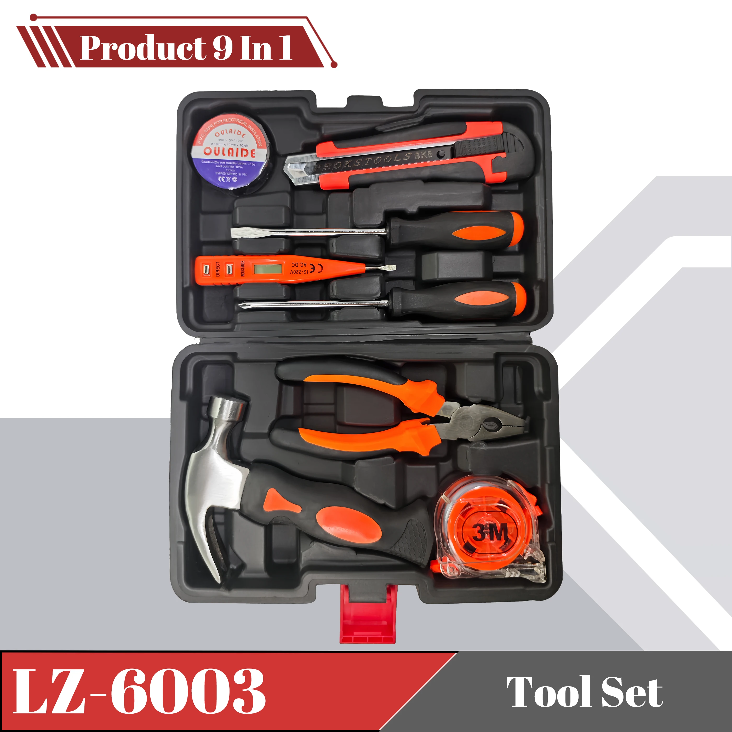 

Набор инструментов из 9- предметов, ящик для домашнего ремонта автомобилей, ручные инструменты с пластиковым ящиком для инструментов, чехол для хранения