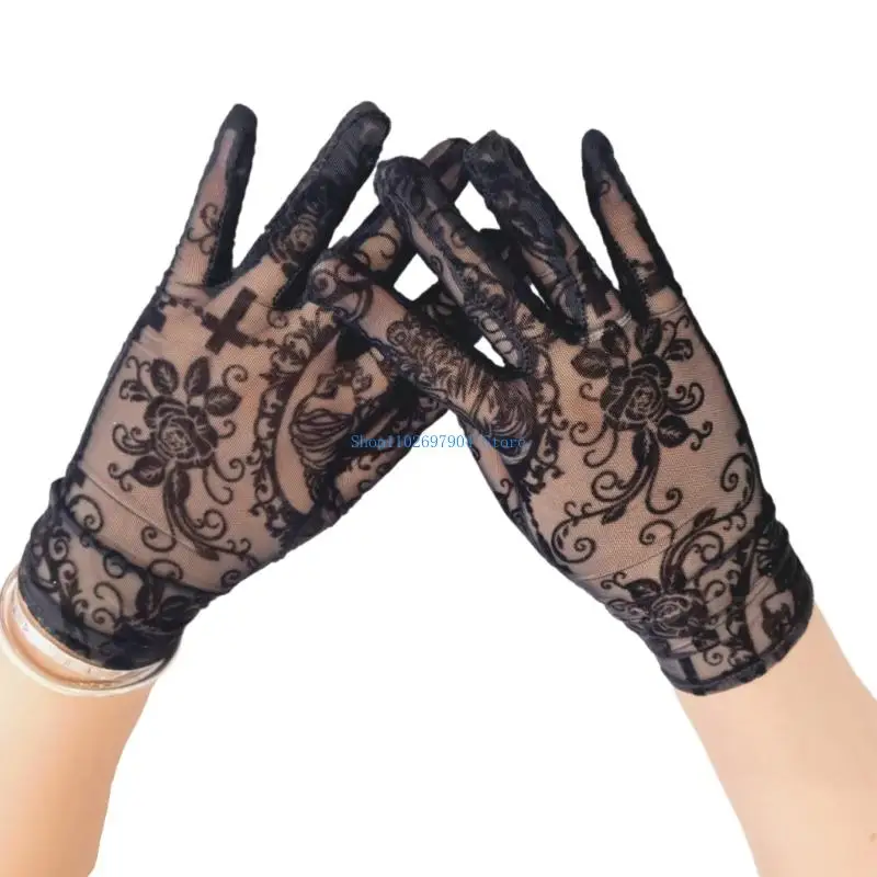 

N7YF Gothic Skeleton Crosses Lace Mesh Gloves For Halloween Costume Cosplay Party Accessory