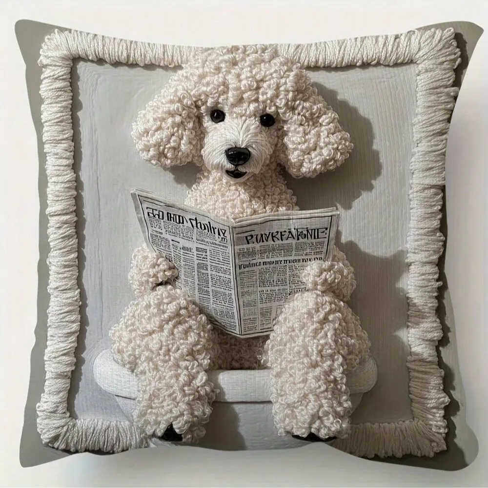 VIKAMA Whimsical Newspaper-Reading Dog Cushion Cover Living Room Sofa Cushion Cover Pet Lover Home Decor Pillowcase