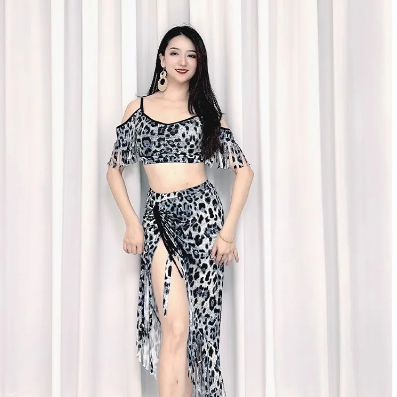 customized belly dance practice outfit handmade shredded tassel split set inspired fusion wind gray leopard print diagonal skirt