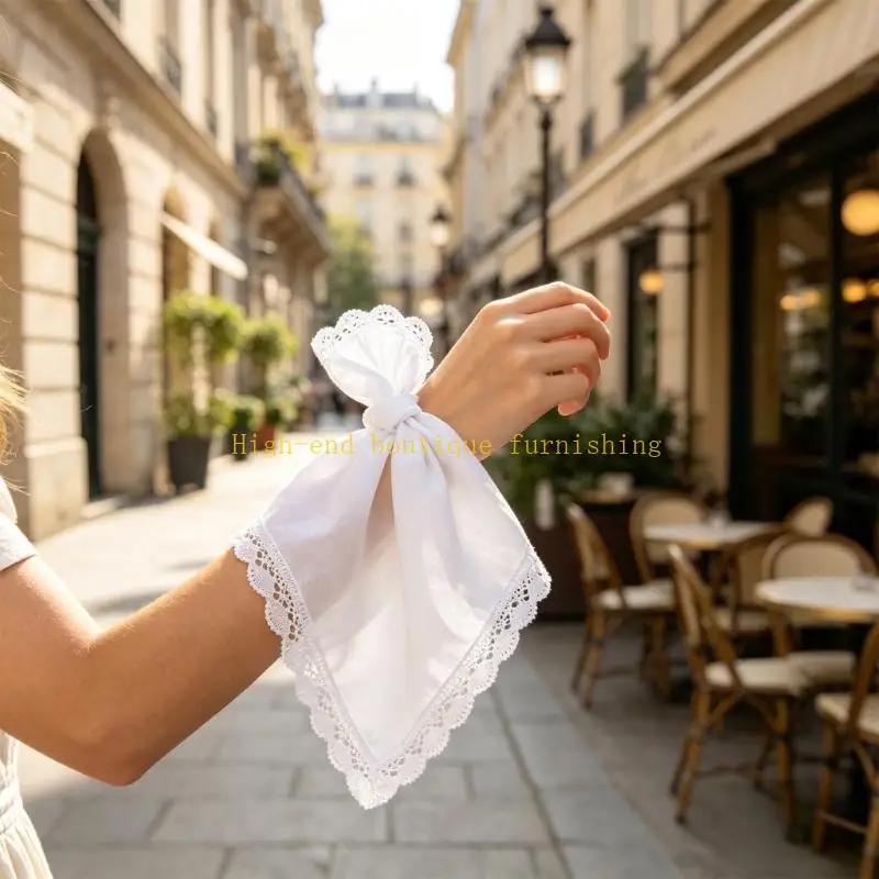 L9NB Lace Trim Cotton Wedding Handkerchief Set for Embroidery, Gifts, and Carry