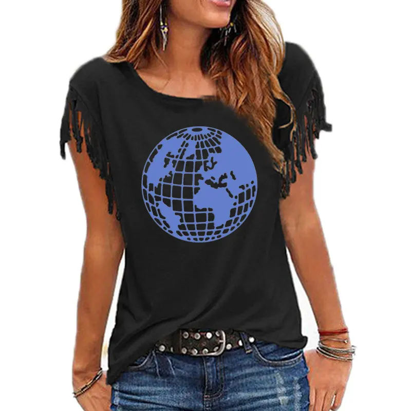 New Fashion Women Globe Earth Planet Pattern Women Cotton Tassel Casual T-shirt Women's Tees Short Sleeve O-neck Femme t shirt