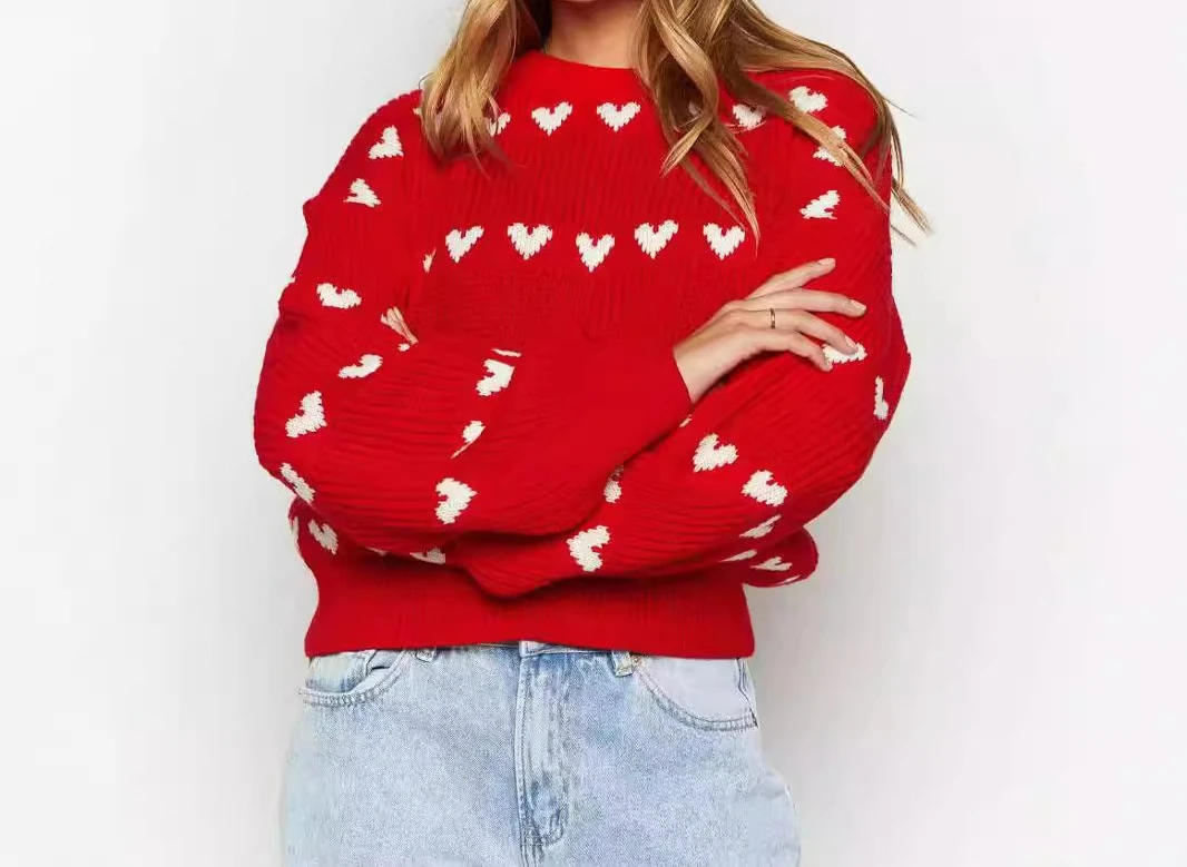 2025 Herbst und Winter New Sweet Love Doppelfarbiger Jacquard-Rundhals-Langarmpullover mit Kapuze