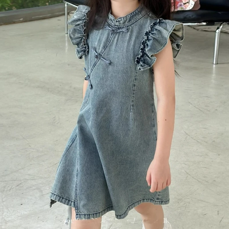 

Летние платья для девочек. Новые модифицированные джинсовые платья Cheongsam в китайском стиле. Детские платья маленького и среднего размера.