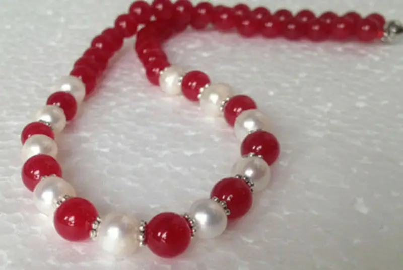 7-8mm Natural White Akoya Cultured Pearl/Red Jade Gemstones necklace 18