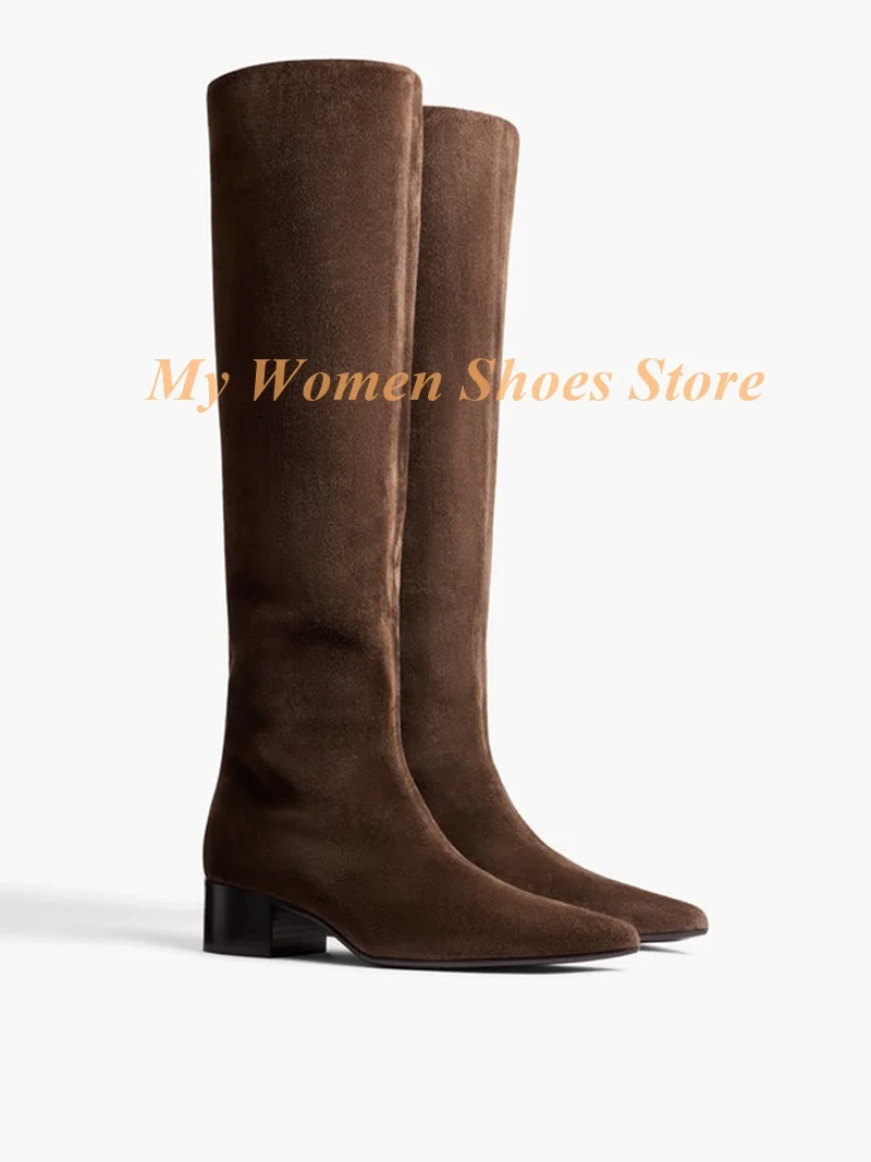 Block Middle Heel Suede Boots Pointy Toe Knee High Slip On 2026 Winter Autumn Women Dress Shoes Solid Handmade Runway 2026 Shoe