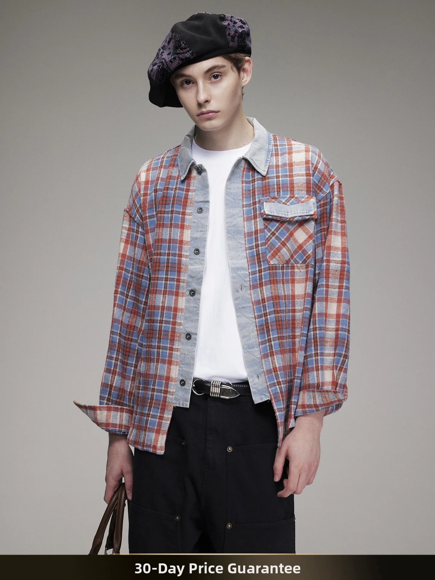 

Retro American Spliced Denim Plaid Long Sleeve Shirt Loose All-Match Couple Workwear Shirt Coat Autumn Season Unisex