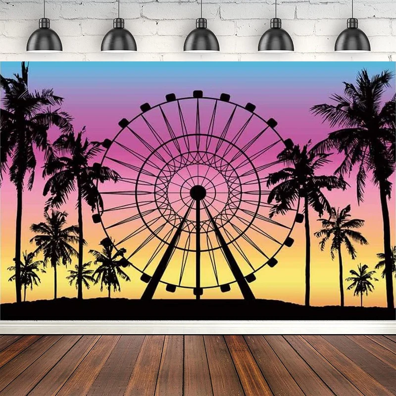 

Summer Seaside Ferris Wheel Photography Backdrop Palm Tree Sunset Background Baby Shower Tropical Wedding Party Decor Banner