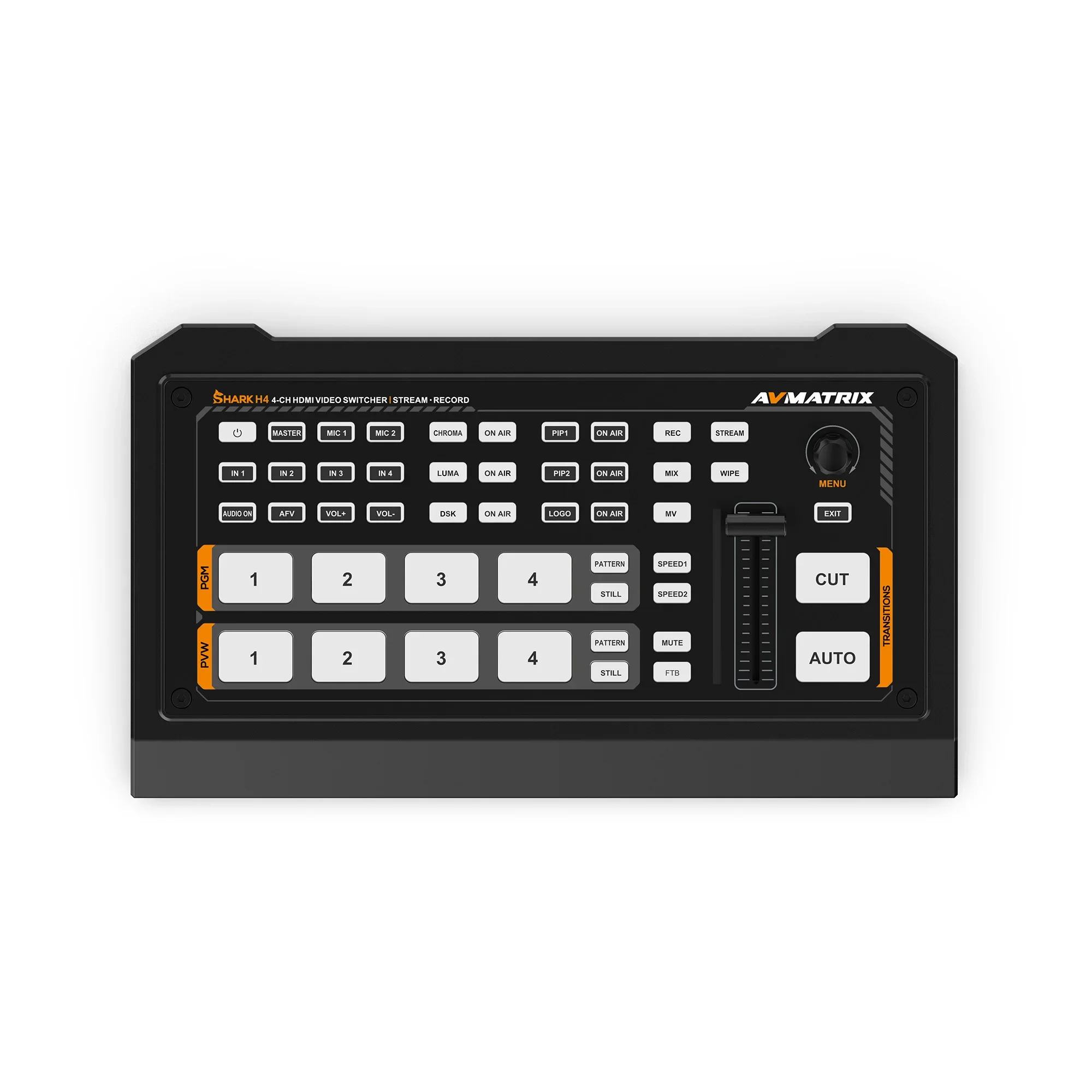 AVMATRIX SHARK H4 Live Streaming Video Switcher Mixer Multi-Camera for HDMI RTMP SRT Stream USB Disk/SD Card Recording All-Metal