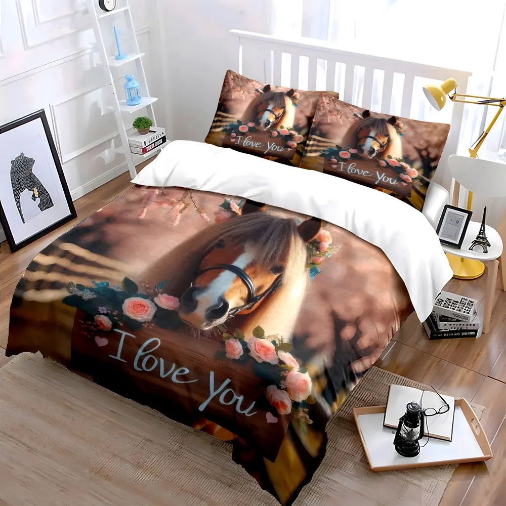Romantic Floral Horse Decor Set Bedding Set with 1 Duvet Cover 2 Pillowcases Single Double King Queen, Gift