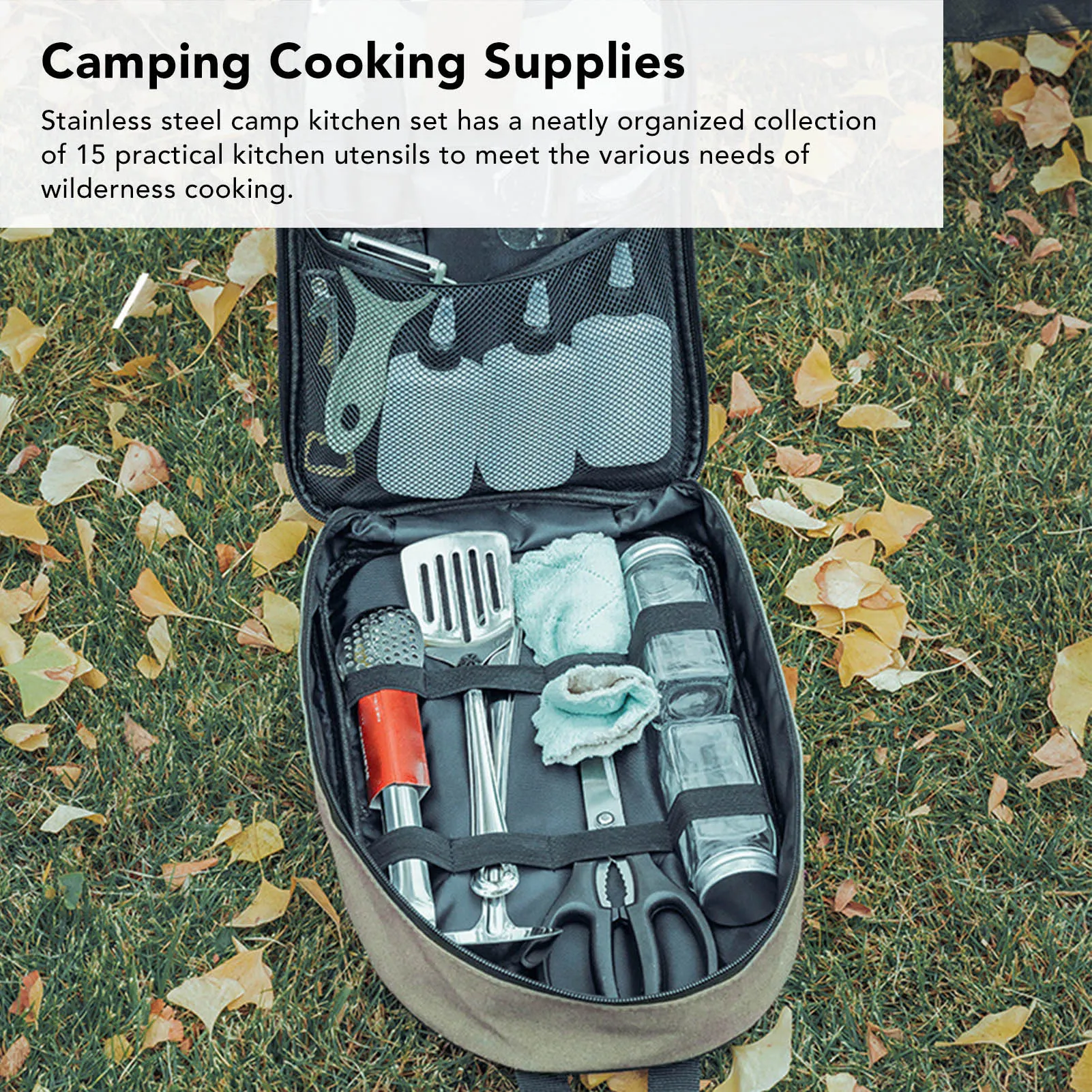 مجموعة أدوات المطبخ للتخييم، مجموعة أدوات الطبخ للسفر 420 من الفولاذ المقاوم للصدأ مقاومة لتسرب الماء، مريحة للنزهات