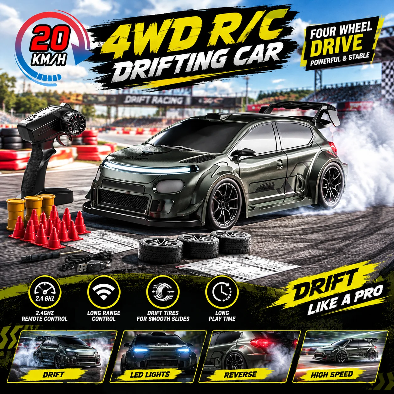 RC Drift Car SG718 1/24 4WD RC Cars Electric Vehicle Model With LED Light 20KM/H High Speed Racing Drive Holiday Gifts for Kids