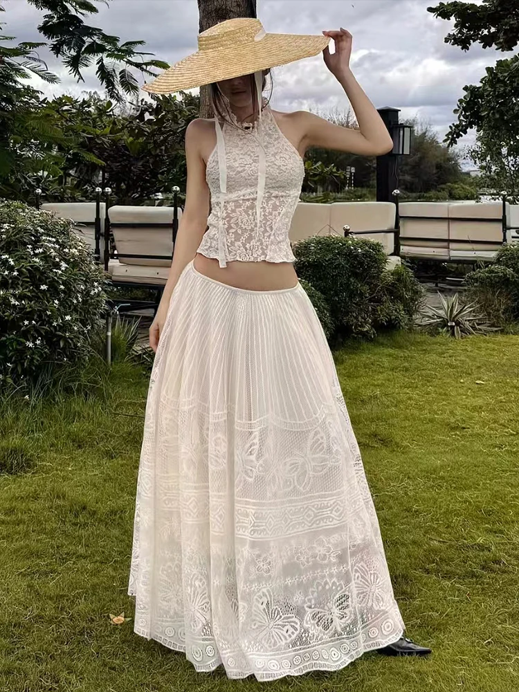 

Whatiwear Jacquard Patchwork 2 Piece Set Women Sexy See Through Vests+Drapes Long Skirts Birthday Party Ruched Elegant Outfits