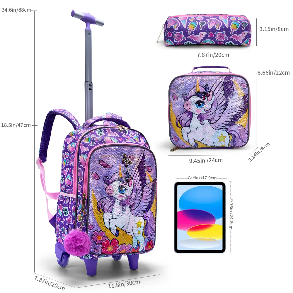 Juego de 3 uds de mochila rodante para niñas, bonitos bolsos con ruedas con diseño de lentejuelas y unicornio y Luna de dibujos animados con fiambrera y bolsa para bolígrafos, color morado