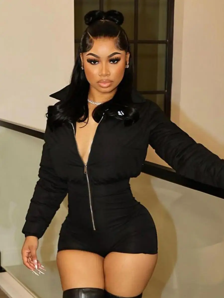 

New K23RP476 Women's Casual Long Sve Zipper Slim Fit Collar Cotton ort Overall Pants High Waist Polyester Fabric