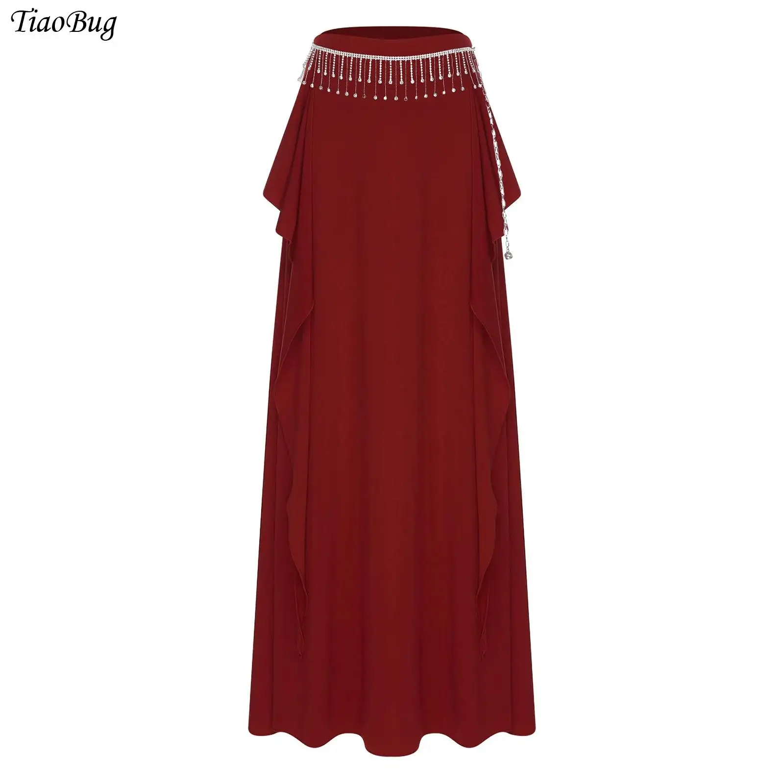 

Women Belly Dance Maxi Skirt Rhinestone Fringe Waist Chain Cascading Ruffles Side Slit Skirt for Oriental Folk Dance Performance