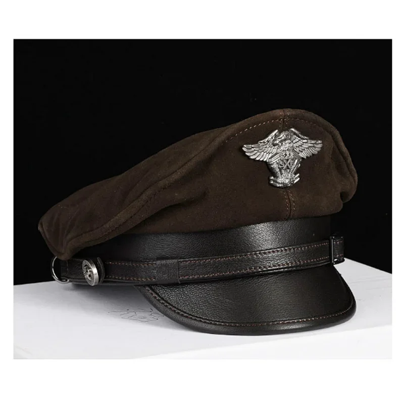 Luxury Winter Genuine Leather Hat Men Male Germany Officer  Warm Cap Locomotive Retro German Military Hat Cortical Casquette