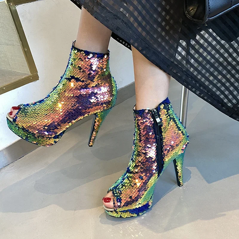 

YQBTDL/летние блестящие ботильоны на платформе с блестками, новые женские ботильоны на высоком каблуке, блестящая вечерние женская обувь цвета золотистого, серебряного цвета, 2025 г.