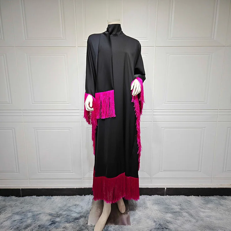 Fashionable And High-end Silky Touch Classic Bat Sleeve Fringe Muslim Women's Robe Elegant Choice For Daily Commuting