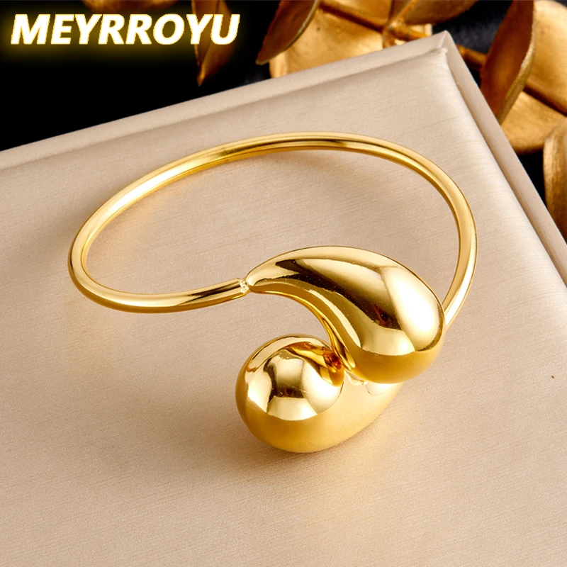 MEYRROYU-pulsera de acero inoxidable 316L, brazalete de apertura hueca con forma de gota de agua de color dorado, joyería para muñeca