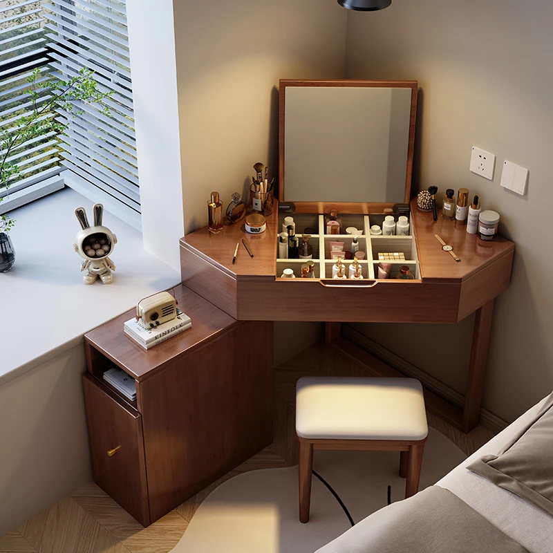 

Solid Wood Triangle Corner Vanity Table with Mirror Makeup Vanity Desk Makeup Dresser with Drawers and Shelves Bedroom Furniture