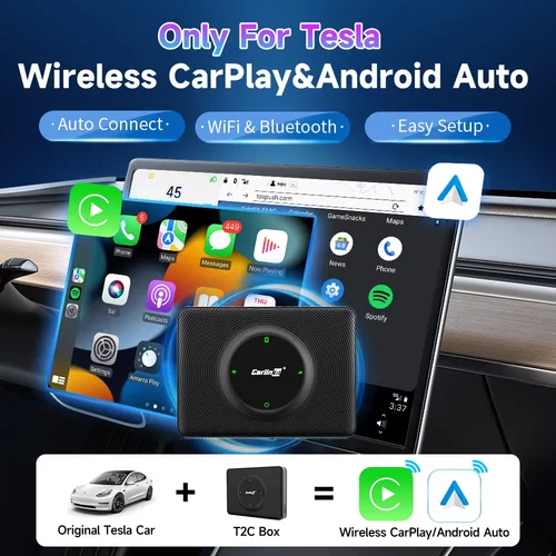 Imagen 1 del producto Adaptador de coche T2C CarlinKit para Tesla modelo Y modelo 3, conexión automática inalámbrica, CarPlay y Android Auto Tesla Smart Box Waze