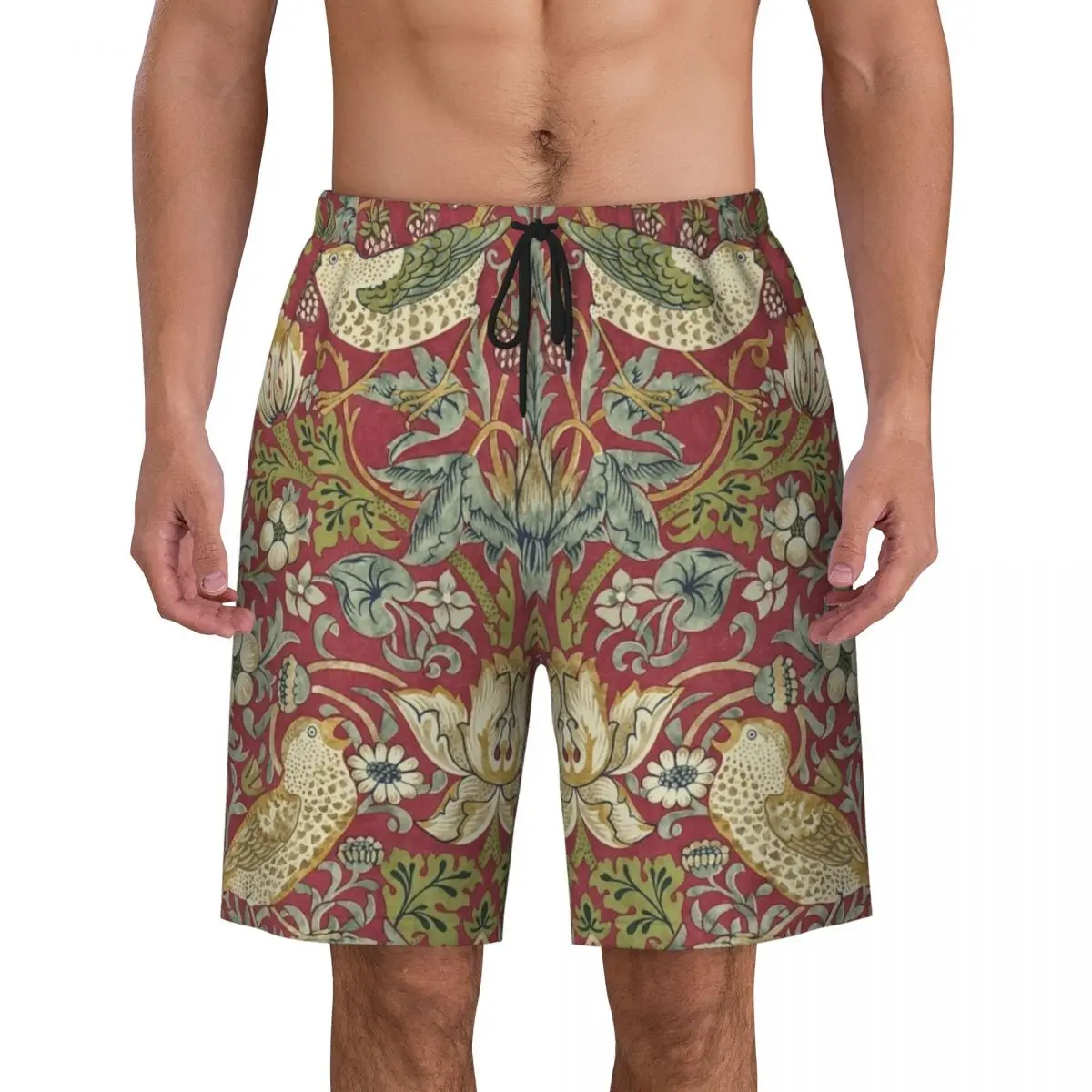 William Morris Quick Dry Swim Trunks, Boardshorts de natação, Padrão Floral Têxtil, Shorts praia, Morango, Ladrão, Red Swimwear