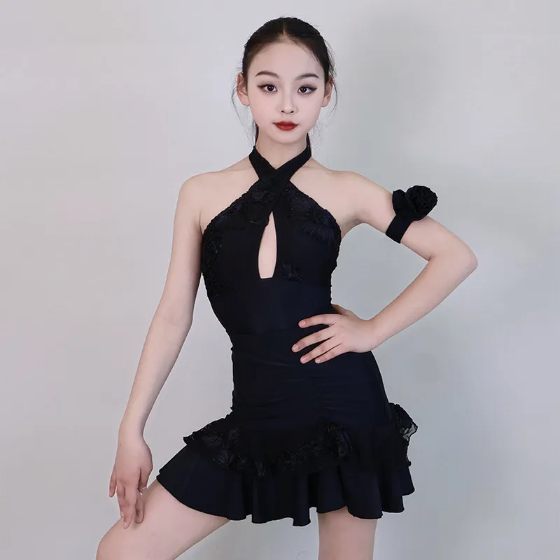 

Черное платье для латинских танцев без рукавов, профессиональные костюмы для латинских танцев для девочек, детский костюм для бальных танцев, сценическая одежда SL15218