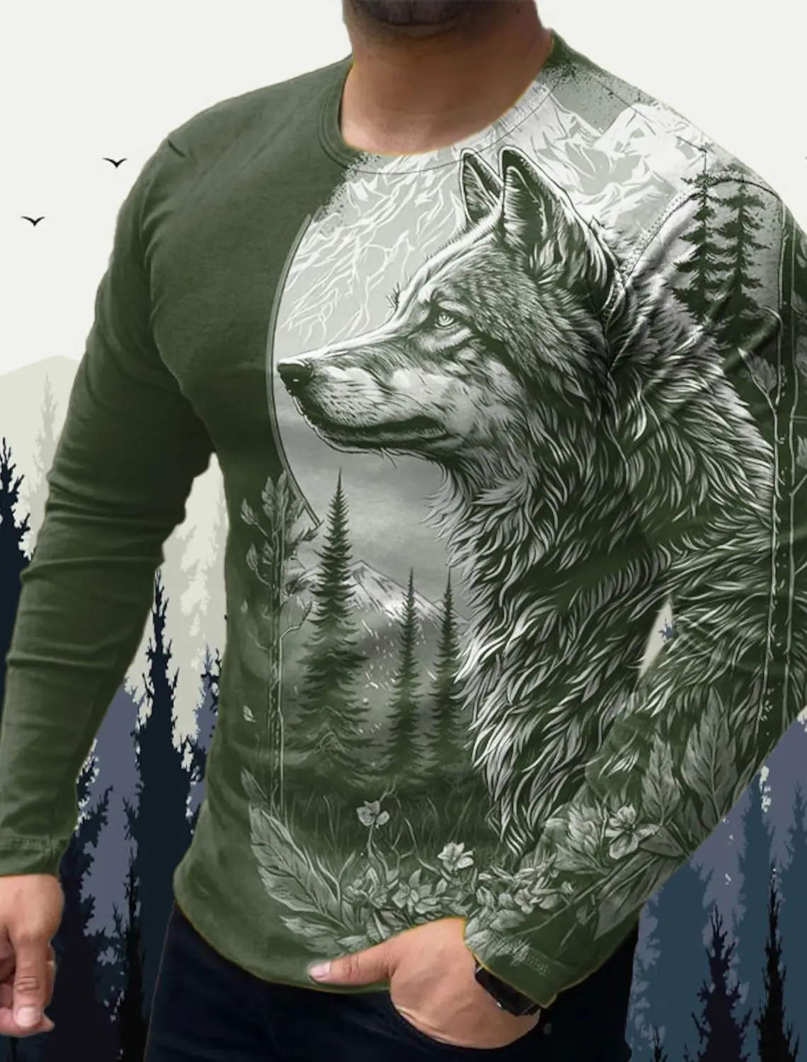 Men\'s Long Sleeve Wolf Graphic T-shirt for Men Clothing Summer Casual Top Tee Shirt Fashion Animal 3D Full Printing Streetwear