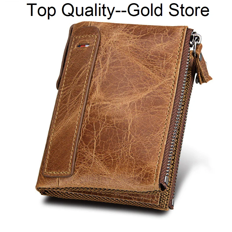 

Business Fashion Crazy Horse Cowhide Mens Wallet RFID Blocking Short Double Zip Coin Purse Credit Card Holder Men