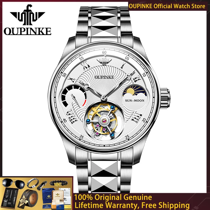 

Мужские часы OUPINKE True Tourbillon, лучшие люксовые автоматические механические часы с 24-часовым отображением фаз луны, сапфировым стеклом, модель 8001