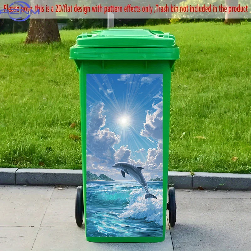 2D Flat Printing 1pc 2D Pattern Printed Kitchen Trash Can Sticker xcm, Dolphin Leaping Through Waves to Greet the Sun Themed K