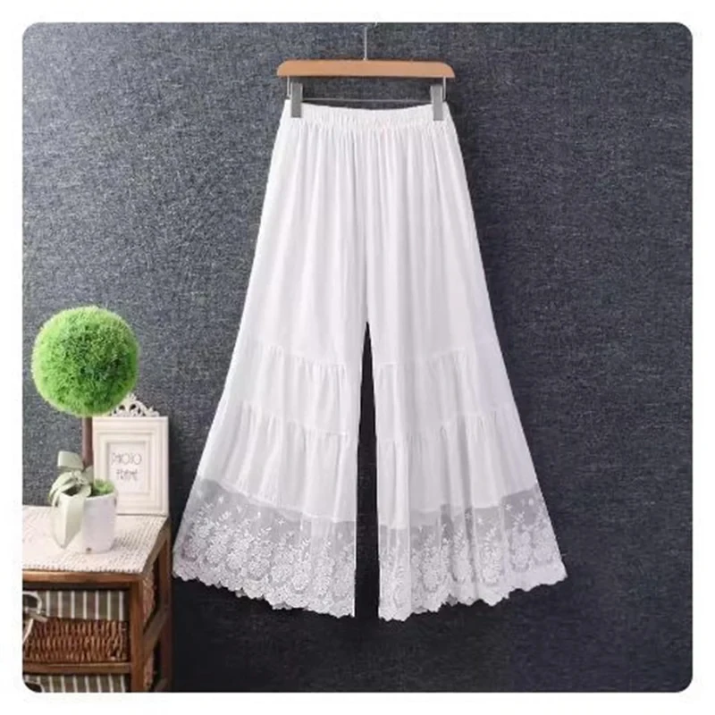 Spring New Style Women Loose Fresh polyester Solid Color Wide Leg Pants Elastic Waist Lace Splicing Base Layer Trousers